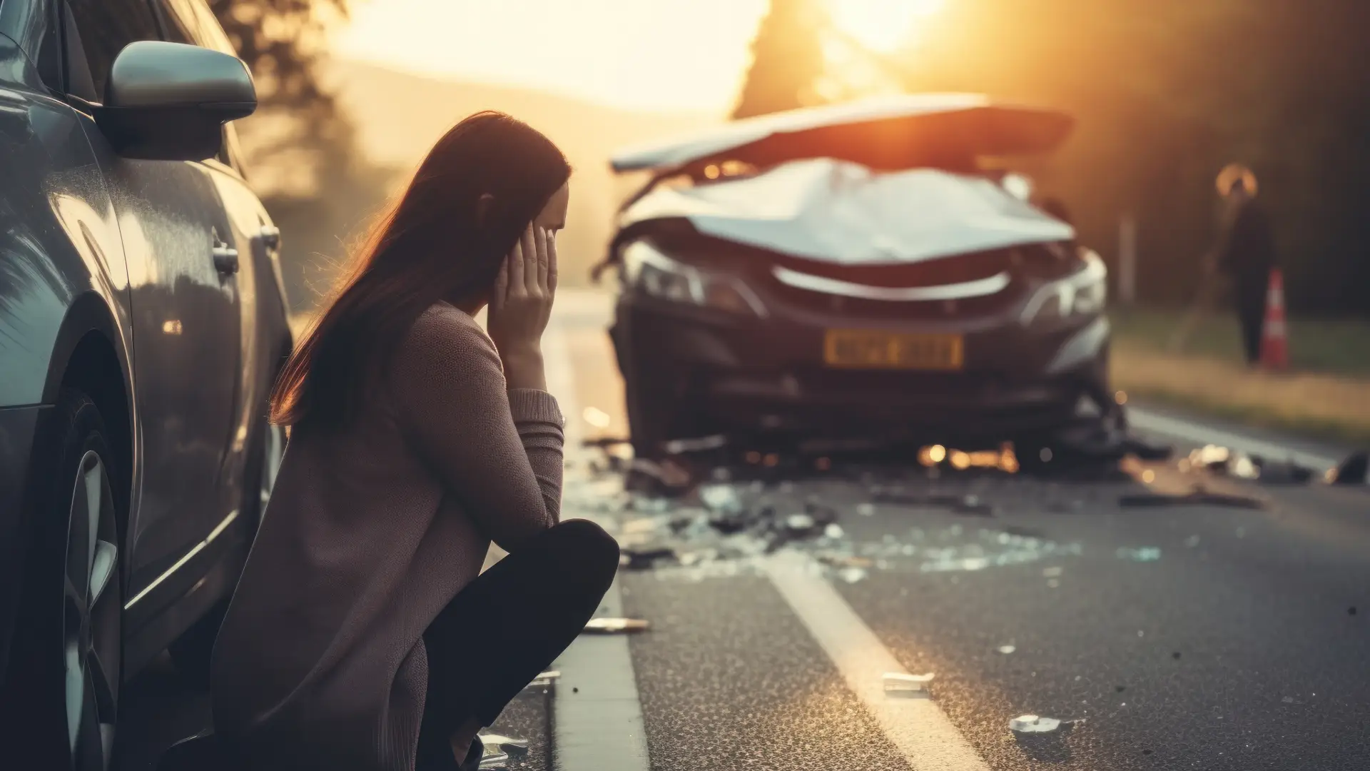 A woman holding her head after a car accident.