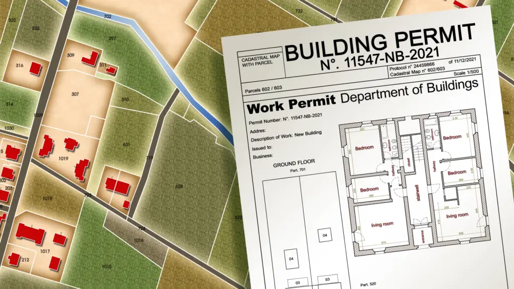 A photo of a building permit with plans